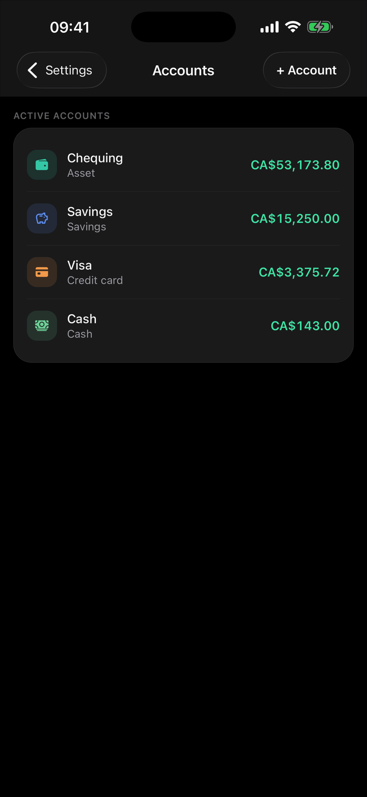 Accounts list with chequing, savings, cash, and credit
