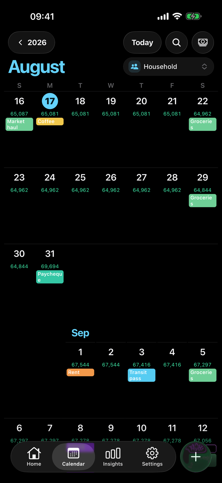 Calendar tab with daily entries on a timeline