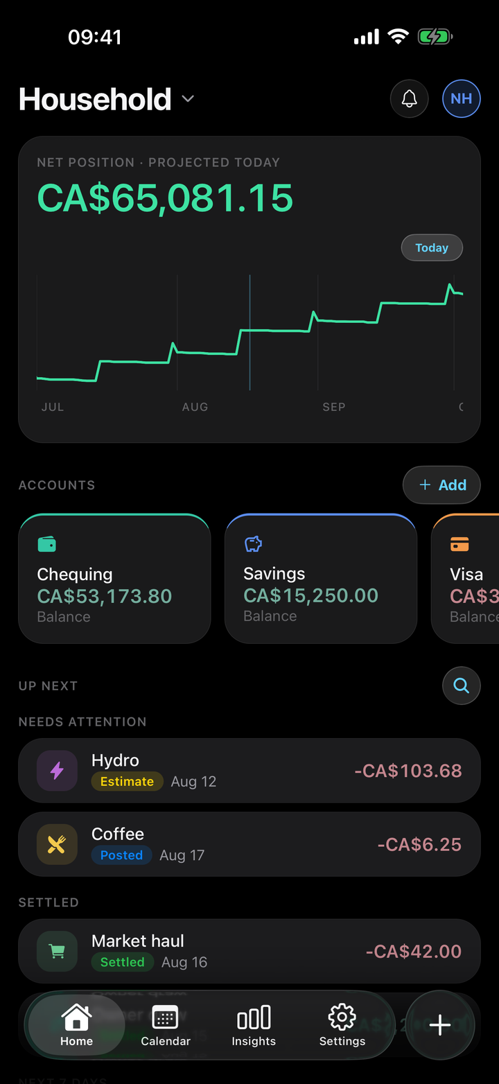 Daylance Home screen showing net position, account cards, and upcoming entries