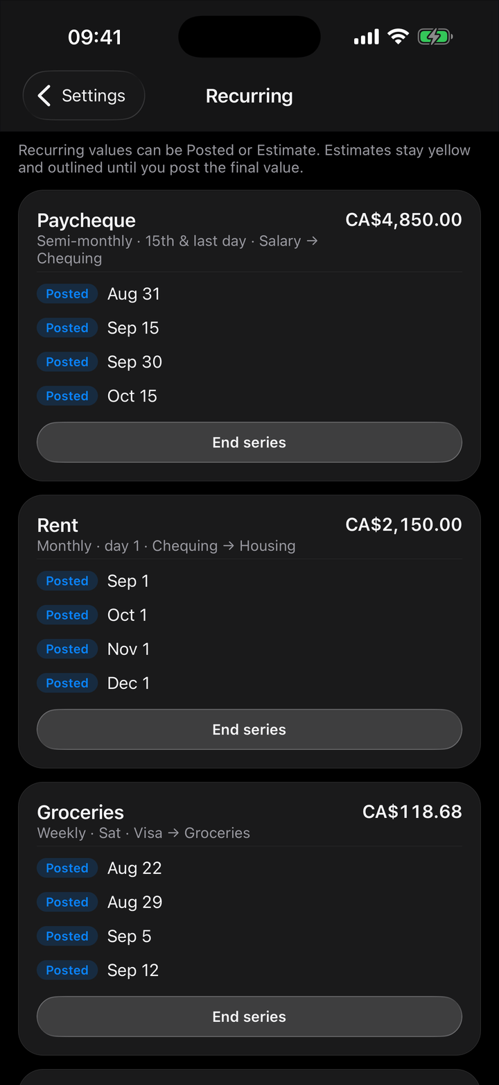 Recurring plans list with estimated upcoming bills